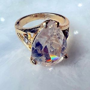 New Gold Toned Teardrop Diamond Fashion Ring, Size 9.5, European Jewelry